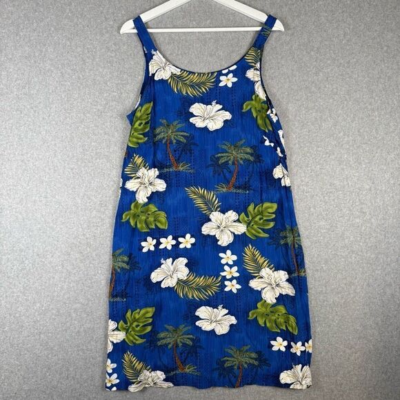 Bishop St Apparel Womens Large Hawaiian Print Mini Dress Blue Green Palm Trees - Picture 1 of 6